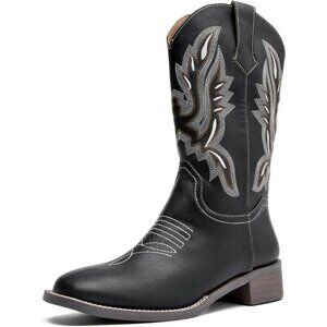 kkdom Women Black Cowboy Square Toe Western Cowgirl Mid Calf Boot